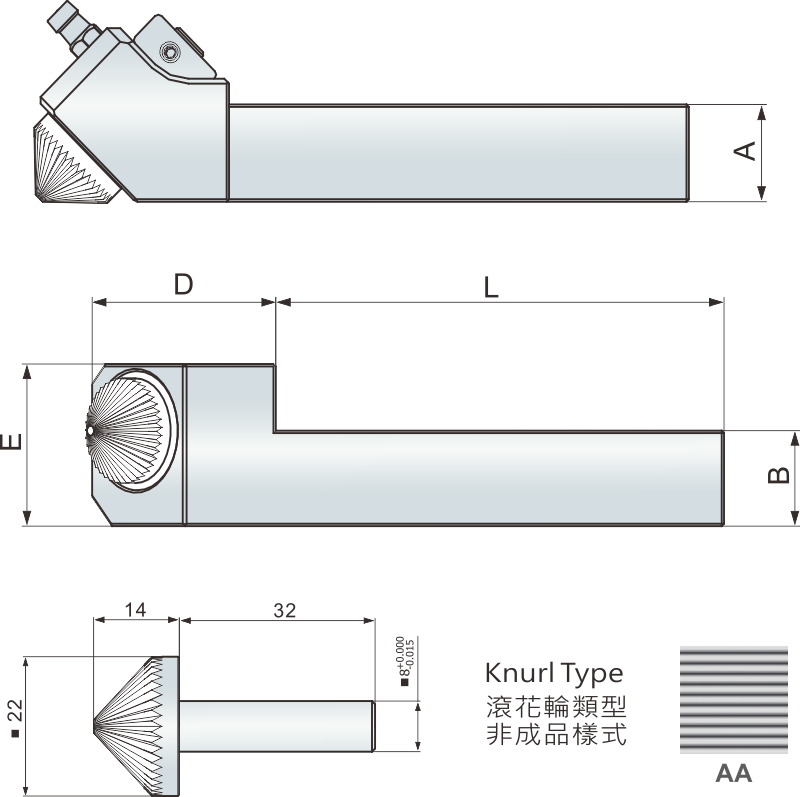 端面滾花刀柄-四角柄